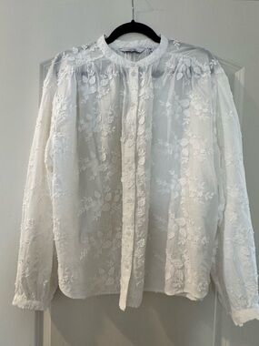 & Other Stories - Size 10 White Floral Embroidered Button-Front Blouse